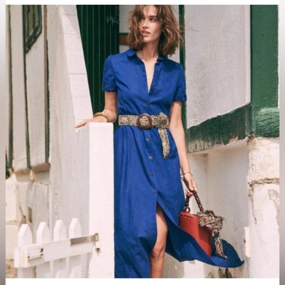 Sezane Clarisse Royal Blue Linen Button Collar Midi Dress EU 36/US 4